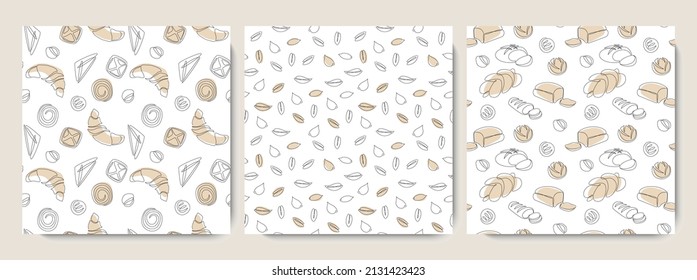 Vector seamless pattern with bread, long loaf, croissants, buns, wheat seeds. Continuous line art. Bakery product for packaging design, textile, wrapping paper