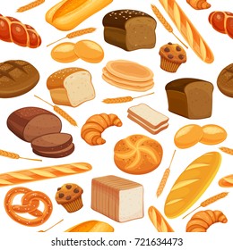 Vector seamless pattern bread product. Rye bread and pretzel, muffin, pita, ciabatta and croissant, wheat and whole grain bread, bagel, toast bread, french baguette for design menu bakery.