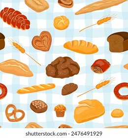 Vector seamless pattern bread products. Template page design food with bakery food. Background with rye bread and pretzel, muffin, ciabatta, whole grain bread, variety buns, baguette for menu bakery