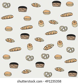 Vector seamless pattern of breads in cartoon style. Hand drawn food illustration design for decoration, wallpaper, gift paper, web, menu, textile, postcards.