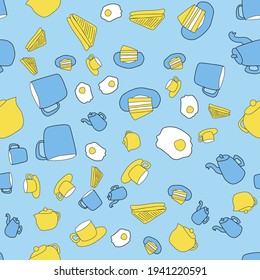 vector seamless pattern breakfast cups,cake and teapot
