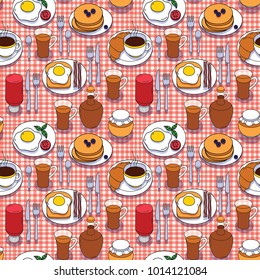 Vector seamless pattern of breakfast food. Set of hand drawn meal for breakfast. Top view of different breakfast food on the table