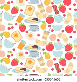 Vector seamless pattern with breakfast food and beverages.