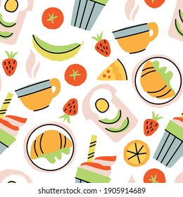 Vector seamless pattern with breakfast items Hot tea and toast with avocado and egg, fruits and a piece of pie, ice coffee and croissant 