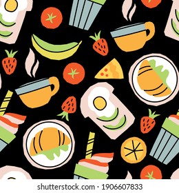 Vector seamless pattern with breakfast items Hot tea and toast with avocado and egg, fruits and a piece of pie, ice coffee and croissant 