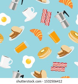 Vector Seamless Pattern Breakfast Themed with Differente Breakfast Related Items on a Blue Background. Wallpaper