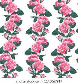 Vector seamless pattern with briar. Wild rose rosa canina dog rose garden flowers. Vintage botanical illustration. Vertical striped white background.