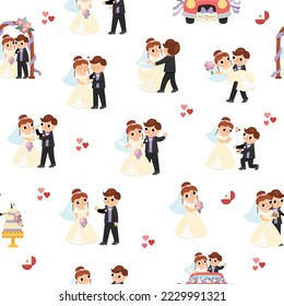 Vector seamless pattern with bride and groom. Cute just married couple repeat background. Wedding ceremony texture. Cartoon marriage digital paper with rings, cake, honeymoon car, arch
