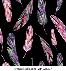 Vector seamless pattern. Bright abstract feathers. Carnival, celebration, fun.