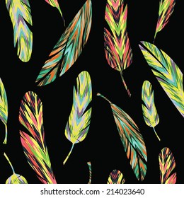 Vector seamless pattern. Bright abstract feathers. Carnival, celebration, fun.