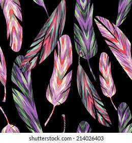 Vector seamless pattern. Bright abstract feathers. Carnival, celebration, fun.