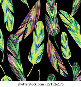 Vector seamless pattern. Bright abstract feathers. Carnival, celebration, fun. 