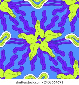 Vector seamless pattern with bright abstract wavy flowers on blue background. Summer or spring floral design for wallpaper, fabric, wrapping paper, notebook covers, bed linen. Pink and acid green