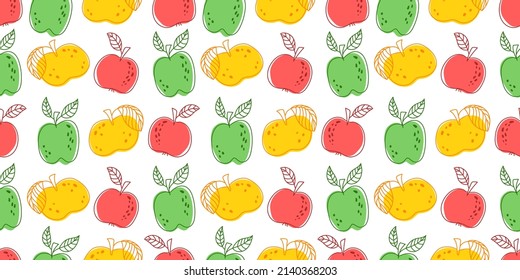 Vector seamless pattern bright  apples with leaves pattern background. Simple surface pattern design wrapping paper, fabric, wallpaper, notebook, packaging. 