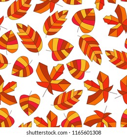 Vector seamless pattern with bright autumn leaves in cartoon style.