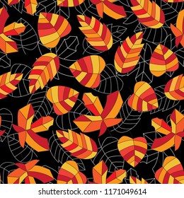 Vector seamless pattern with bright autumn leaves in cartoon style.
