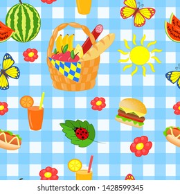 Vector seamless pattern with bright beautiful set for summer picnic on blue background