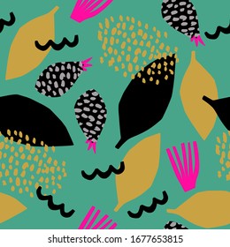 Vector seamless pattern of bright berries and leaves on a green background.