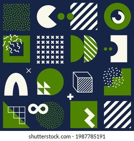 Vector seamless pattern with bright bold geometric shapes. Hipster Memphis style. Trendy graphic elements for your unique design.