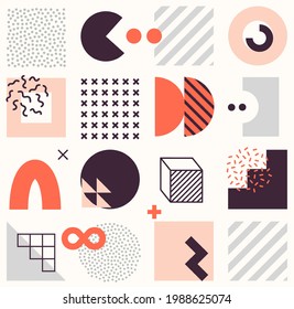 Vector seamless pattern with bright bold geometric shapes. Hipster Memphis style. Trendy graphic elements for your unique design.