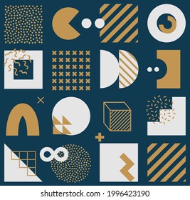 Vector seamless pattern with bright bold geometric shapes. Hipster Memphis style. Trendy graphic elements for your unique design.