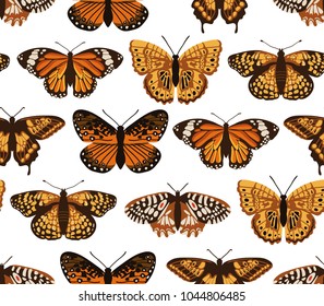 Vector seamless pattern with bright butterflies. Hand drawn texture design