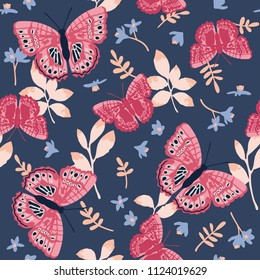 Vector seamless pattern with bright butterflies, leaves and flowers. Hand drawn texture design