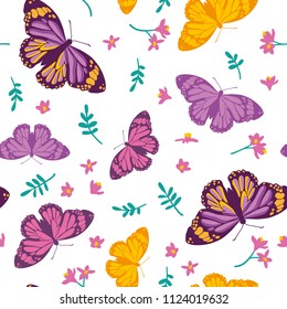 Vector seamless pattern with bright butterflies, leaves and flowers. Hand drawn texture design.