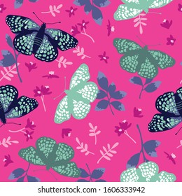 Vector seamless pattern with bright butterflies, leaves and flowers. Hand drawn texture design