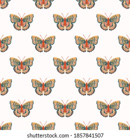 Vector seamless pattern with bright butterflies. Handdrawn texture design