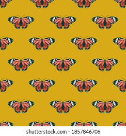 Vector seamless pattern with bright butterflies. Handdrawn texture design
