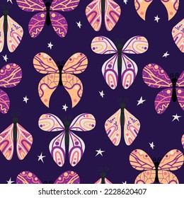 Vector seamless pattern with bright butterflies on a dark background with stars. Dark purple background. Butterflies of different types and sizes drawn by hand.