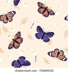 Vector seamless pattern with bright butterflies. Hand drawn texture design