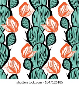 Vector seamless pattern with bright cacti Blooming cactus illustration