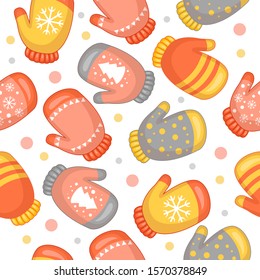 Vector seamless pattern with bright cartoon mittens in pink, gray and yellow colors. Cute winter clothes. Colorful christmas background. Warm x-mas mittens for your design.