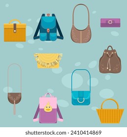 Vector seamless pattern and bright cartoon illustration with bags