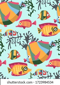 Vector seamless pattern bright colored cartoon fish swimming in the sea with algae and corals