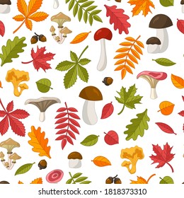 Vector seamless pattern of bright colored autumn leaves: oak, maple, chestnut, rowan, birch, linden and edible wild mushrooms. Isolated on a white background