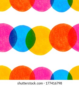 Vector seamless pattern with bright colorful watercolor painted circles. Vector illustration
