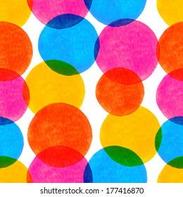 Vector seamless pattern with bright colorful watercolor painted circles. Vector illustration