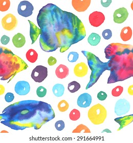 Vector seamless pattern with bright colorful hand drawn watercolor fishes and bubbles on white background