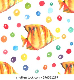 Vector seamless pattern with bright colorful hand drawn watercolor fishes and bubbles on white background