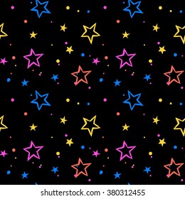 Vector seamless pattern with bright colorful stars and dots on black background. Fun ditsy print with night sky, constellations and twinkle lights. Concept of astrology and birthday and holiday spirit