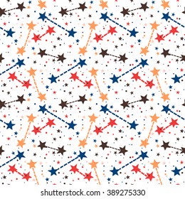 Vector seamless pattern with bright colorful stars and dots on white background. Fun ditsy print with night sky, constellations and twinkle lights. Concept of astrology and birthday and holiday spirit