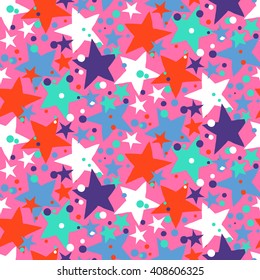 Vector seamless pattern with bright colorful stars and dots on pink background. Fun ditsy print with night sky, constellations and twinkle lights. Concept of astrology and birthday and holiday spirit