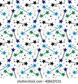 Vector seamless pattern with bright colorful stars and dots on white background. Fun ditsy print with night sky, constellations and twinkle lights. Concept of astrology and birthday and holiday spirit