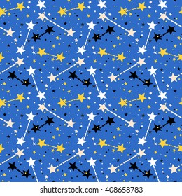 Vector seamless pattern with bright colorful stars and dots on blue background. Fun ditsy print with night sky, constellations and twinkle lights. Concept of astrology and birthday and holiday spirit