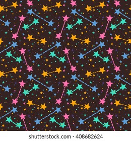 Vector seamless pattern with bright colorful stars and dots on brown background. Fun ditsy print with night sky, constellations and twinkle lights. Concept of astrology and birthday and holiday spirit