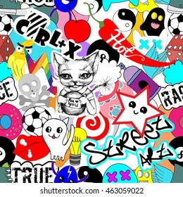 Vector seamless pattern bright colorful stickers characters background