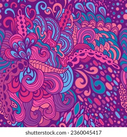 vector seamless pattern, bright colors. magic wavy, Violet, pink, blue. Psychedelic art, 60s, hippie, trippy dreams design in doodle style with cute abstract leaves, plants and wave , non-direction,
